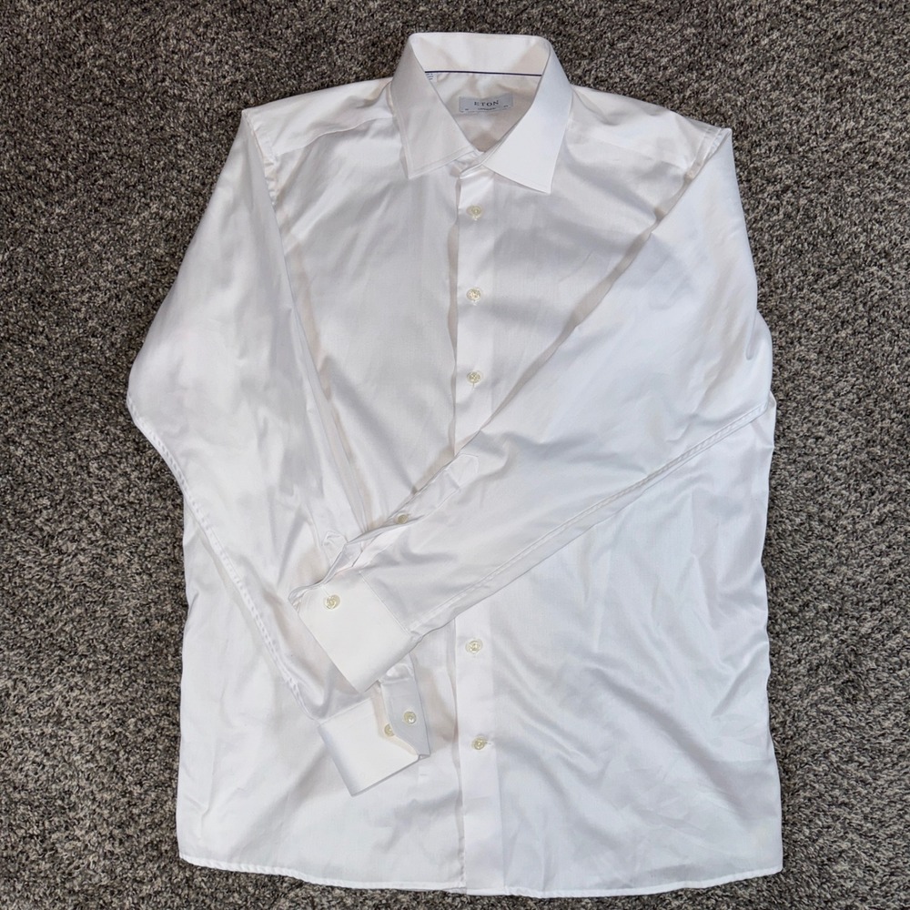 Eton Contemporary Fit White Dress Shirt Mens 17.5 44 Cotton Twill Long Sleeve